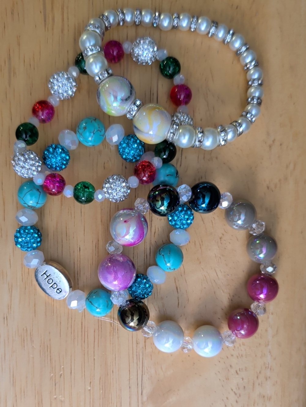 Multicolor Beaded Stretch Bracelet Set - Turquoise, Pink, Green, Silver NWOT